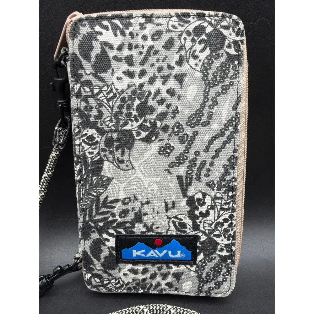 KAVU Crossbody Travel Wallet Organizer Gray Black Floral Zip Phone Passport Bag